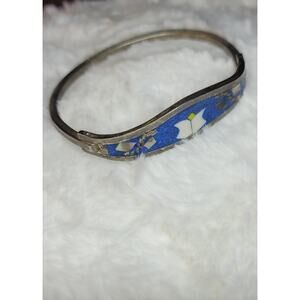 Vtg Alpaca Mexican clasp bracelet with  blue mosaic, abalone, mother of pearl.